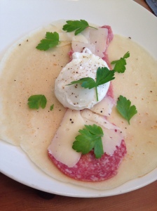 Have a mentioned before that this is my favourite way to have crepes?  Salami, havarti, poached egg and parsley.  The crepes had some sourdough in them and for the first time I saw Julio eat a PLAIN GF CREPE!  Crazy.